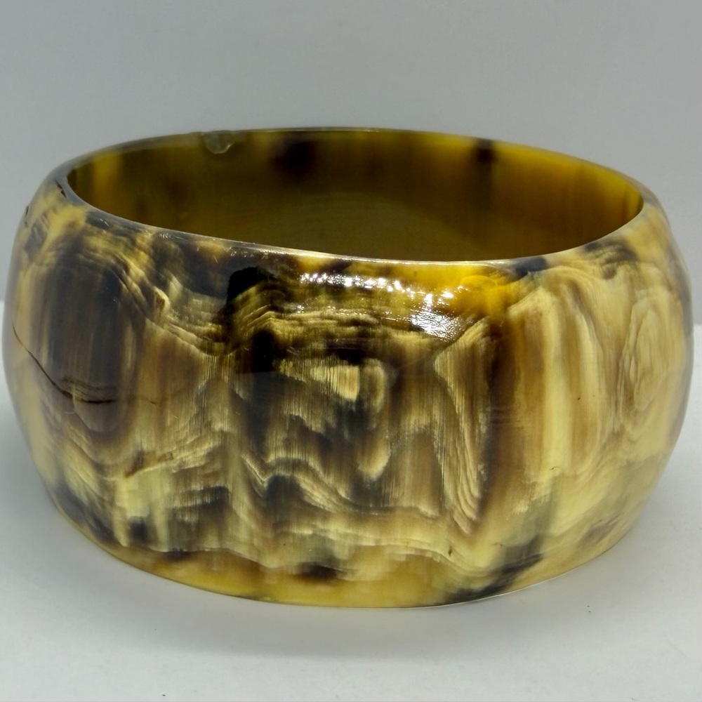 Vintage Tortoise Shell Wide Bangle Cuff Bracelet 7 inch Carved Polished